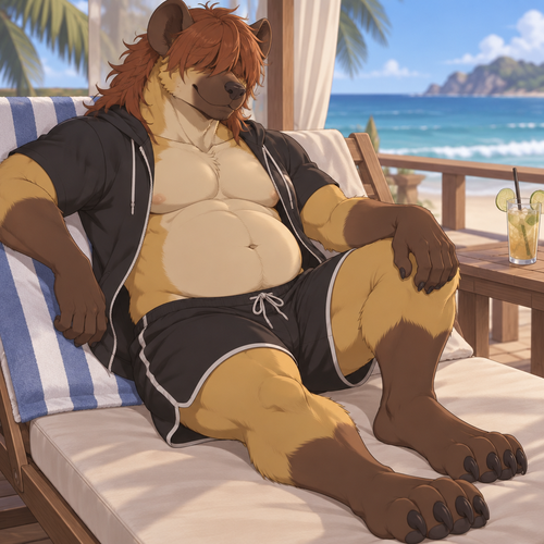 male anthro hyena with gold fur and a beige underbelly, brown fur on the hands up to the elbows, brown fur on the muzzle, brown ears, red brown shaggy hairdown to the shoulders that coveres the eyes, wearing black swim shorts and open short sleeved hoodie, digitigrade footpaws with four toes each, , anime style, relaxing, muscle gut, anime shirt