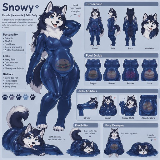 A female anthropomorphic malamute named Snowy that has a body made of a dark blue jello-like substance, reference sheet, one big picture, when she eats food it’s visible in her body, shows her abilities of a jello body