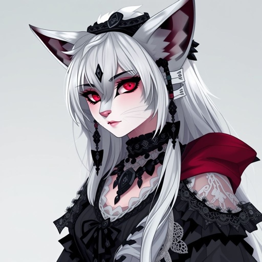 an aloof silver fox with a pallas cat's facial features dressed in gothic visual kei fashion, gender male but slightly feminine