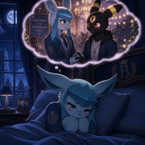 A nervous and shy Glaceon (the Barron) who’s sleeping at his bed at his mansion, dreaming about happily seeing Rick (the non-rich Umbreon male) at the welcoming party and holding hands. And smiling peacefully like being healed. Well-made animated version. A modern life. At midnight. A anthropomorphic universe.