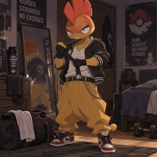 A male Scrafty wearing an American delinquent outfit. He is in his house, preparing for a street fight. Anime art style, solo, full body.