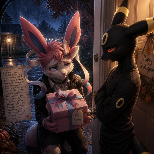 An evil but broken well-made Pokemon male character, Sylveon who’s at the front door outside carries a gift box with ribbons for an apology for his behavior and his actions while beg the male Umbreon for forgiveness at today’s thanksgiving in the anthro verse.