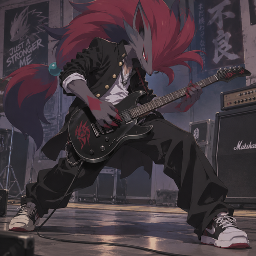 A high school aged male Zoroark dressed like a delinquent. Playing an electric guitar and head banging. Anime art style, full body.