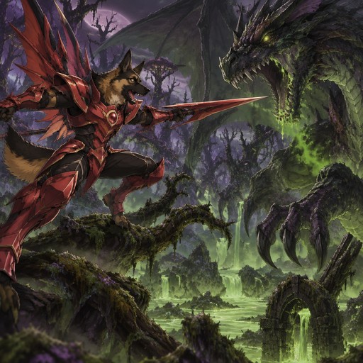 A male German shepherd wearing the fire dragoon armor from Legend of Dragoon. He is fighting a dragon in a poisonous forest. Anime art style, full body.