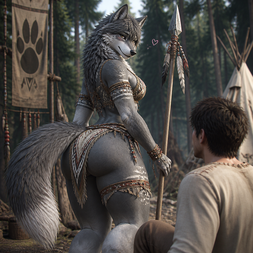 A well-made femboy grown grey Wolf from a tribe who sees a harmless man and seems of liking him. Has thick thighs, round buttocks, a bushy tail, and wears a tribal cloth clothing also carries a spear.