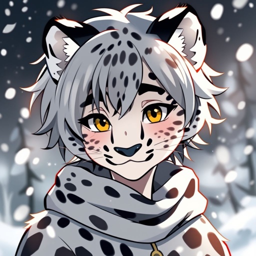 Little anime human boy with snow leopard ears and tail with grey hair and yellow eyes