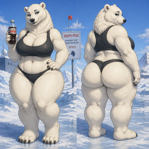 A busty well-made anthro female polar bear that has thick thighs and thick fur who lives in a South Pole with a bottle of diet cola. Front/back view. Animated verse.