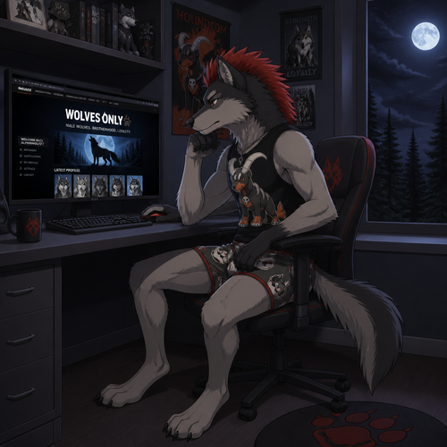 A young male dire wolf wearing mightyena theme boxers and houndoom theme sleeveless shirt, has a red mohawk hairstyle. Sitting at a computer desk browsing a male wolves only website. Next to the desk built into the wall is a window showing its nighttime outside. Anime art style. Full Body