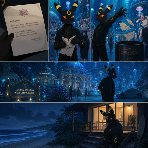 A non-rich grown Umbreon male reject and ripped the envelope and toss it to a trash can of a billionaire Sulveon’s (the Barron) welcoming party at the underwater city mansion. Lives on a small modern house at the beach. Well-made animated version. 