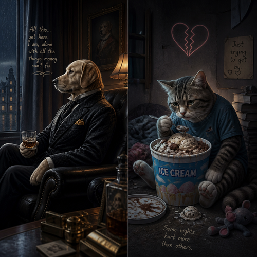 Two side ways, a rich canine Barron all alone despite his regrets, and a non-rich feline with a broken heart while eating a bucket full of ice cream. Well-made version.