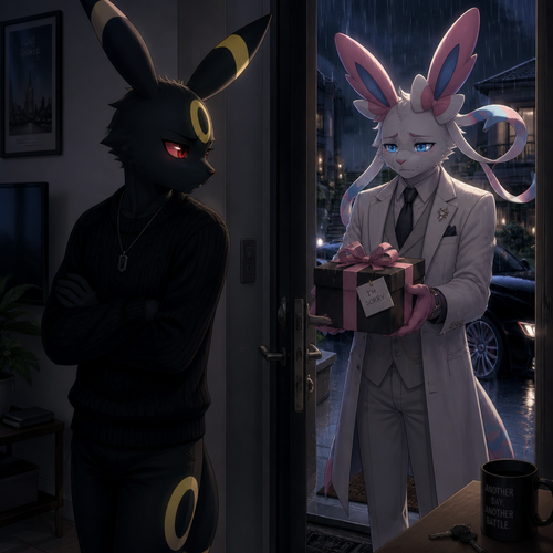An unhappy well-made Pokemon adult male character, Umbreon that wears a black sweater, wasn’t rich but lives in a modern life. standing inside of his house with a door open, sees an adult billionaire male Sylveon standing outside, and a sad look who’s offering a gift with ribbons on it for an apology. In an anthropomorphic verse. Side effects.