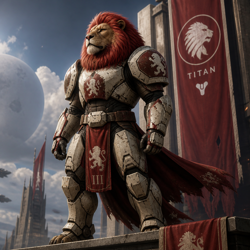A male Lion with a red mane standing tall and proud. Wearing Titan armor from Destiny 2.