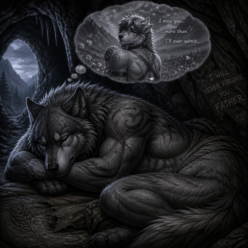 A well-made big and strong alpha male grey wolf tribal adult who is very sad and alone in a cave, sleeping yet sob a little, and dreaming in thoughts of how much he misses his ex-mate the grown femboy omega male grey wolf tribe despite his regrets and never forgave his father the alpha male in his sleep.