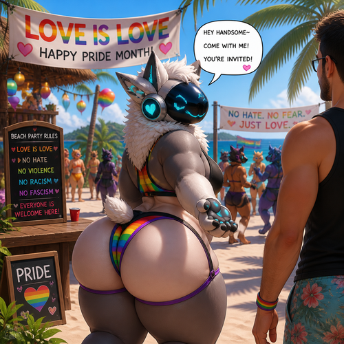 A well-made homosexual fluffy gay Protogen adult male character that wears a swimsuit and has thick thighs and a big round buttocks also has a short tail who’s invited a man into a party at the beach and has both nice views where love is love in pride month and there’s no hate and violence including racism allowed and fascism is not welcomed.