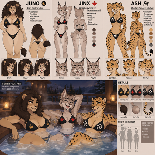 A curvy female anthropomorphic lion named Juno with a dark mane and light fur and is wearing a black bikini with crown symbols on it, a lanky female anthropomorphic Canadian Lynx named Jinx and is wearing a black bikini with red maple leaf symbols on it, a tall muscular female anthropomorphic cheetah named Ash and is wearing a black bikini with checkered flag symbols on it, relaxing in a hot tub together, animated version, reference sheet 