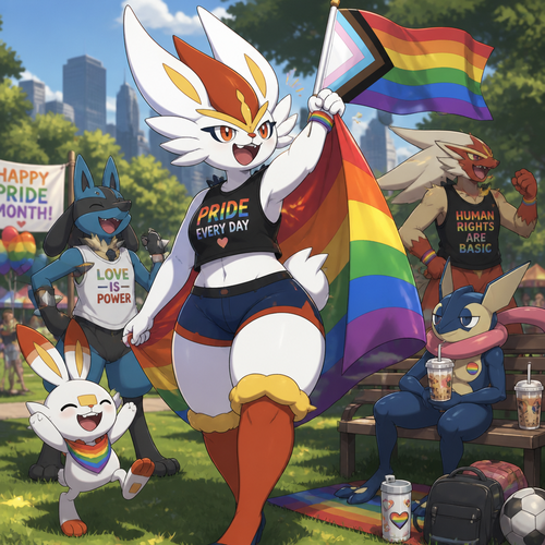 A well-made Pokemon character, Cinderace. Has thick thighs and short tail. Celebrating on today’s pride month. Having a good day. At the park with the guys.