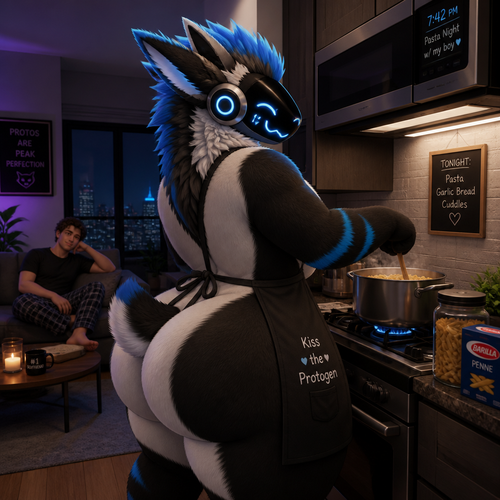 A well-made homosexual fluffy gay Protogen male character who lives in a modern apartment with his human and waiting while cooking some pasta dinner. Has thick thighs, wide hips, big butt, and has short tail also wears an apron.