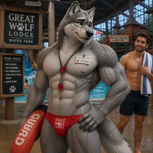 A well-made buff gay grey Wolf male character who works at Great Wolf Lodge the water park as a lifeguard and wears speedos. Sees a friendly man with a pleasure look. Gives a love sight.