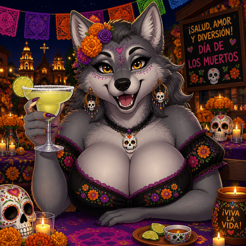 A lovely grown busty female grey Wolf who is having a blast and drinking margaritas on today’s Day of the Dead in Mexico. Animated version. Giving a lovely front view.