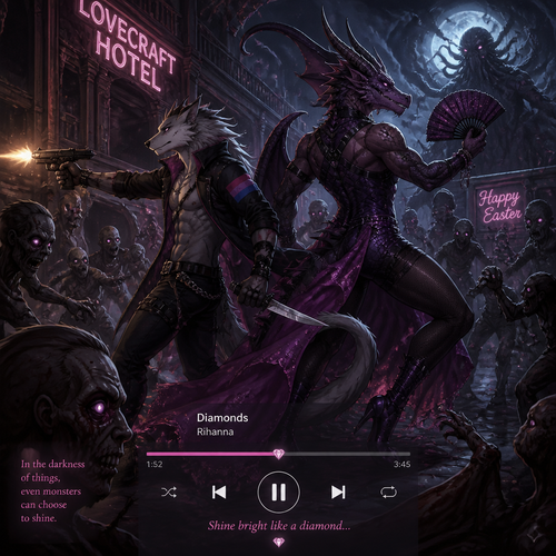 A well-made bisexual male character, Sergal and the drag queen a sexy male Dragon, both facing the living dead inside the lovecraft hotel on today’s Easter. A badass teamwork. A horror animated version of reality. Side view. Does better with music (much like Rihanna’s Diamonds)