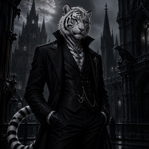 Male, Black and white Tiger, Gothic, Tall, Athletic. round glasses.