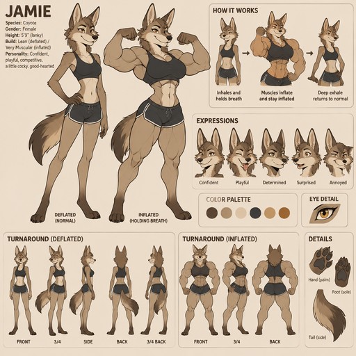 A lanky female anthropomorphic coyote named Jamie who can inflate her muscles by holding her breath, stays inflated until she deeply exhales, eference sheet, animated style