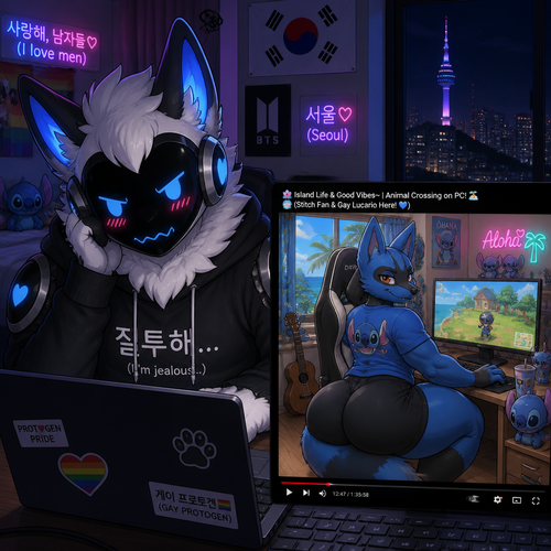 A jealous fluffy gay male Protogen (lives in South Korea), who uses his laptop and see a video of a male gay Lucario (lives in Hawaii and a stitch fan) with thick thighs and buttocks playing a game called animal crossing on PC. Animated verse. Front view. 