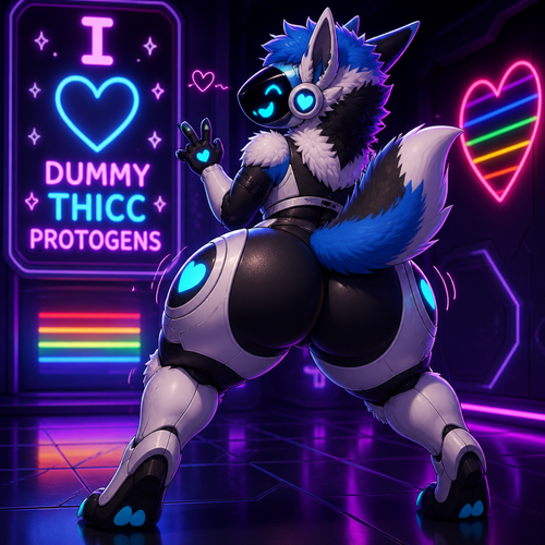 Sight says; I 💙 dummy thicc Protogens. Well-made animated version. Rear view. So friendly and flirty. LGBTQ. Twerking.