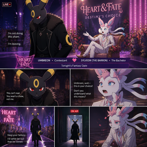 In a well-made anthro Pokemon universe, an grown male half gothic Umbreon refuses to accept the sham date with a grown richest male Sylveon (the Barron) on a live dating fantasy show (in modern life) and decided to leave. A well-made animated version.