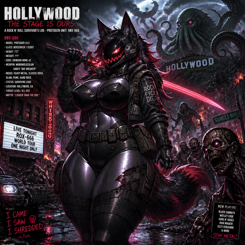 A busty well-made badass adult anthro waterproofed Protogen that has thick thighs and survival gear on while holding a saber sword that loves to rock and roll by facing a mixed up dark spicy lovecraft zombie apocalypse, in Hollywood alone. Anime verse.