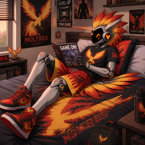 A middle school aged male protogen phoenix mostly machine wearing Moltres themed shirt, fire themed shorts, red high top shoes, and a plumage mohawk hairstyle. He is laying on his bed reading a gaming magazine. Anime art style, solo, full body.