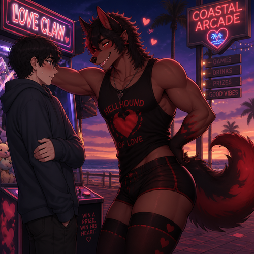 A well-made grownup homosexual Hellhound of love male character. An animated version view. Has thigh highs and buttocks. Bushy tail on a tailbone. At the arcade outside coast. Wears shorts and tank top also a necklace. Being friendly and welcoming. Staring close to a nervous/shy man with a flirty look.