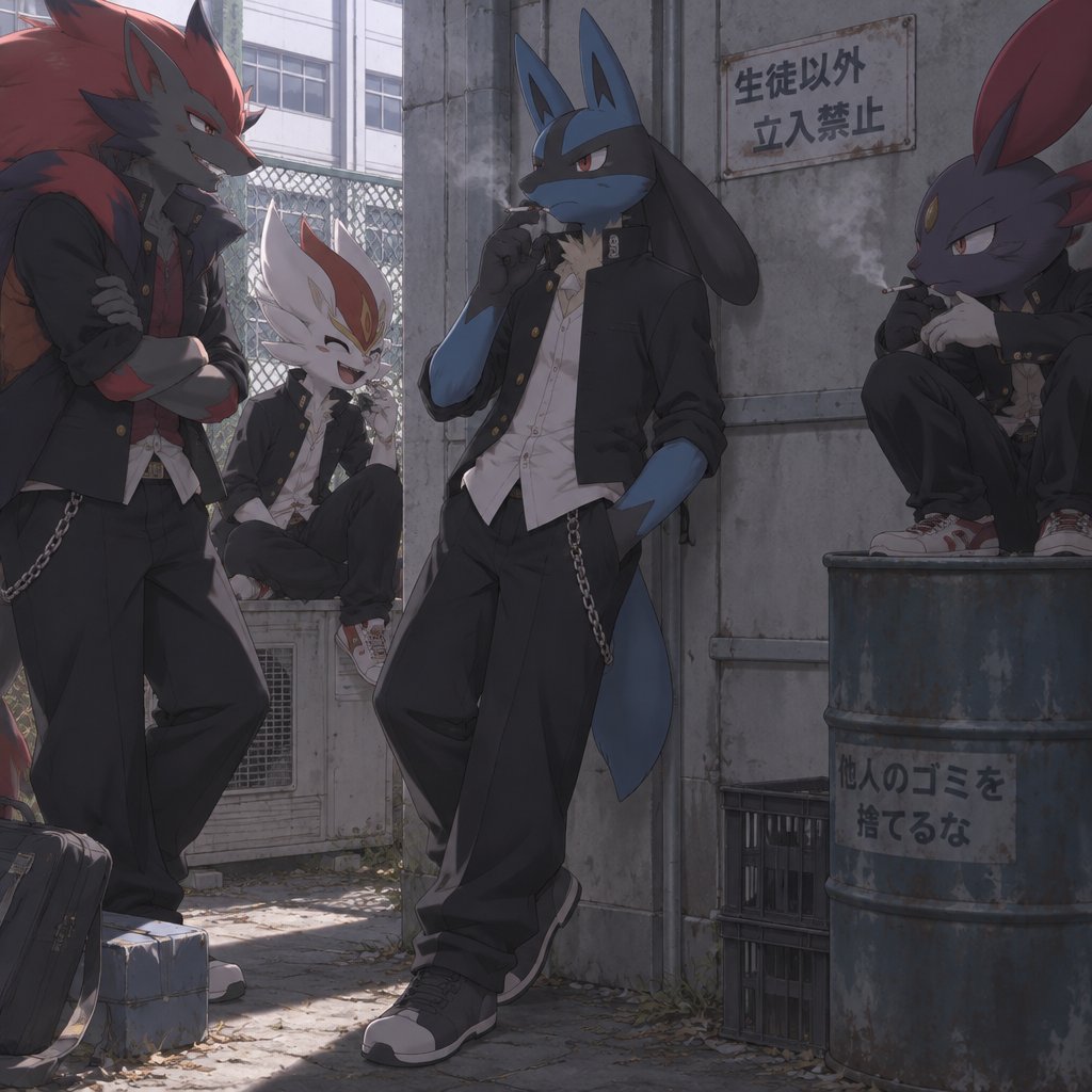 A high school aged male Lucario wearing delinquent outfit. He is behind the high school, smoking a cigarette with his friends. Anime art style, full body.