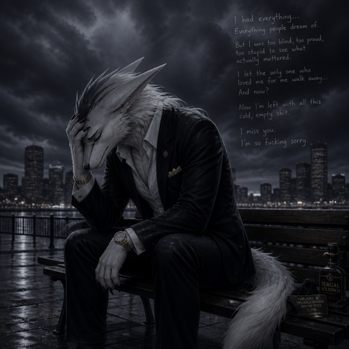 A shameful billionaire male Sergal just lost his non-rich male Sergal boyfriend and remembers how he regretted about losing him before breakup their relationship not too long ago while sitting on a bench alone outside of a dark clouds in a city.