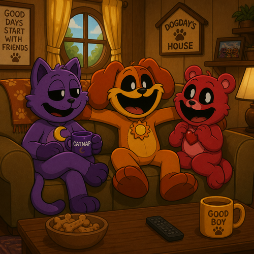 Dogday, Catnap, and Bobby Bearhug hanging out together on the couch in Dogday’s house animated 