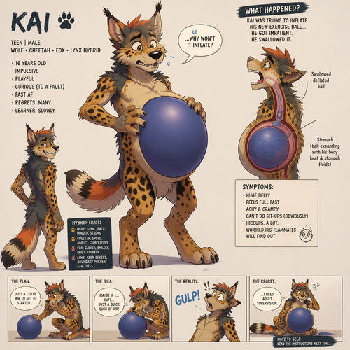 A male teenage wolf cheetah fox and lynx hybrid who actually swallowed a exercise ball when trying to inflate it, animated version 