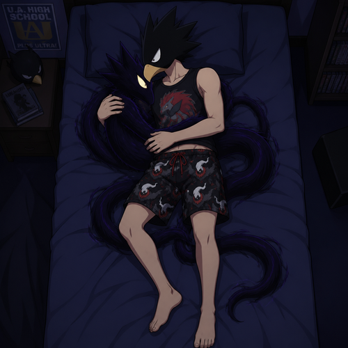 Tokoyami Fumikage wearing loose Darkrai themed boxers and Zoroark themed sleeveless shirt. He is sleeping on his back in his bed, cuddling with his quirk, Dark Shadow. Anime art style, solo, full body.