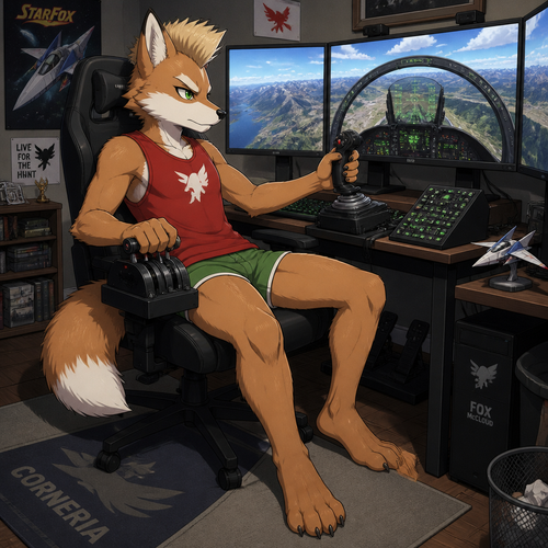 A teenage Fox McCloud wearing green short shorts, red sleeveless shirt, no shoes, and a mohawk hairstyle. Sitting at his computer desk playing a flight simulator with realistic flight controls. Anime art style, full body.