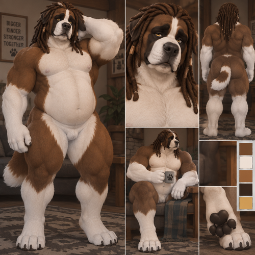 male anthro saint bernard, brown fur with white belly chest and arms, thick thighs, muscular, chubby, yellow eyes, plantigrade footpaws, brown dreadlocks