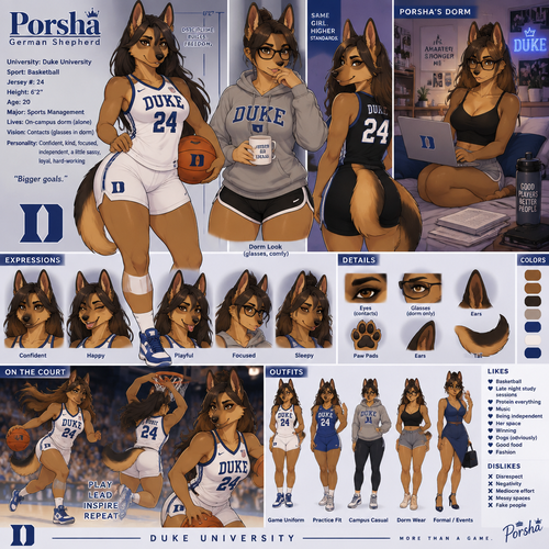 A beautiful curvy female German shepherd named Porsha who lives in a college dorm alone, goes to Duke University, plays basketball, is number 24, is over 6 foot tall, wears contacts unless she's in her dorm then she typically wears glasses, reference sheet, animated version