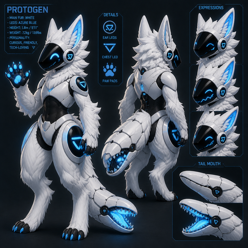 protogen, main fur color white, LEDs color azure blue. with tail mouth.