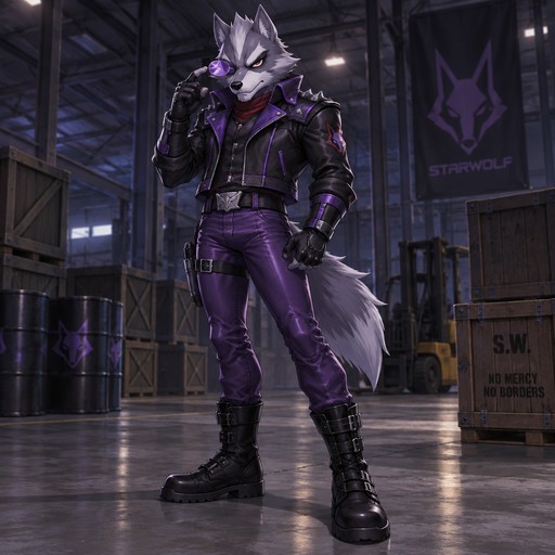 Wolf O’Donnell wearing a black with purple accents leather jacket and tight purple leather pants and black combat boots. He is standing in a warehouse, right hand raised twisting hypnotizing glasse with his index finger. Anime art style, full body.