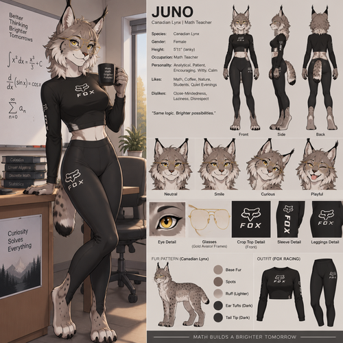 A beautiful lanky female anthropomorphic Canadian Lynx named Juno, has cheek ruffs and ear tufts like a normal lynx, is wearing a long sleeve crop top and black leggings, both her crop top and leggings are fox racing brand, wears glasses, her glasses are gold aviator frames, is a math teacher, is in a room alone, animated version, reference sheet, one big picture 