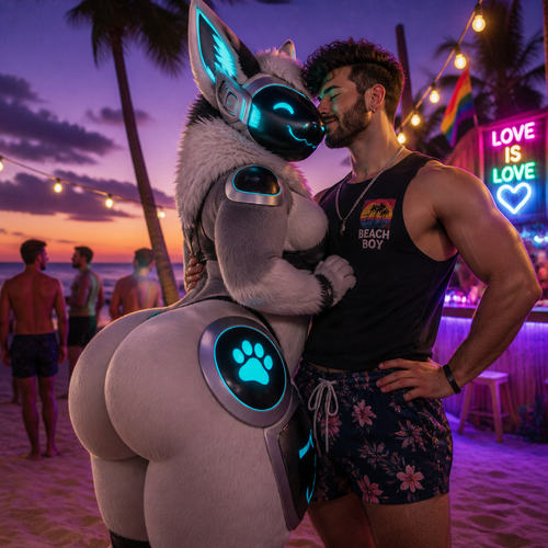 A well-made happy fluffy gay Protogen (male character) with thick thighs and a huge butt also has no tail while being with a gay man holding together in closeness at the party of a beach at dusk. Hand on hips.