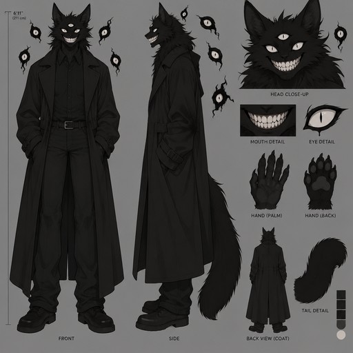 A black furry cat with three eyes, pitch black fur and a ear splitting grin with human teeth and some floating eyes around them. They are wearing black jeans, black button up shirt and a large dark trenchcoat. They are 6 foot 11 inches