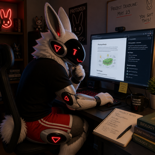 A male rabbit protogen wearing red shorts and a black shirt. He is on a computer researching for a project.