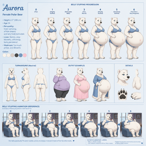 A female anthropomorphic polar bear, reference sheet, shows progress of her belly stuffing from flat to as big as a heavily pregnant bear, animated version 