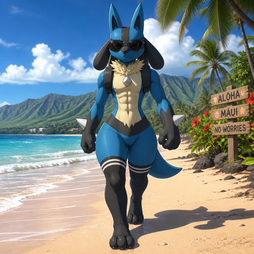 A Lucario with lower thick thigh highs and wears a sunglasses while walking forward at the beach. Well-made animated version. Hawaii island. Well designed male character. Front view.