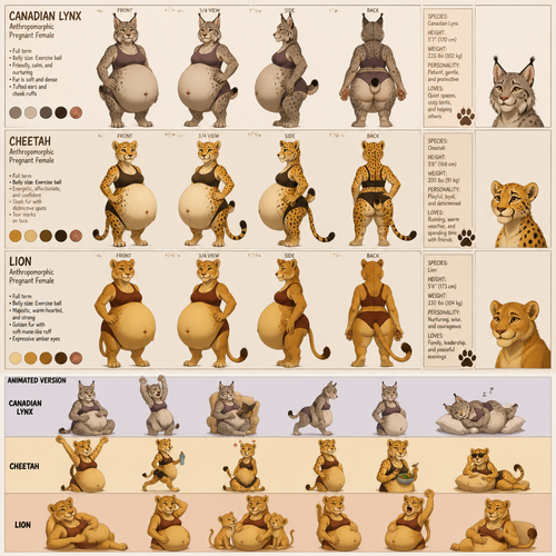 A pregnant female anthropomorphic Canadian lynx with a belly the size of a exercise ball, a pregnant female anthropomorphic cheetah with a belly the size of a exercise ball, and a pregnant female anthropomorphic lion with a belly the size of a exercise ball, reference sheet, animated version 