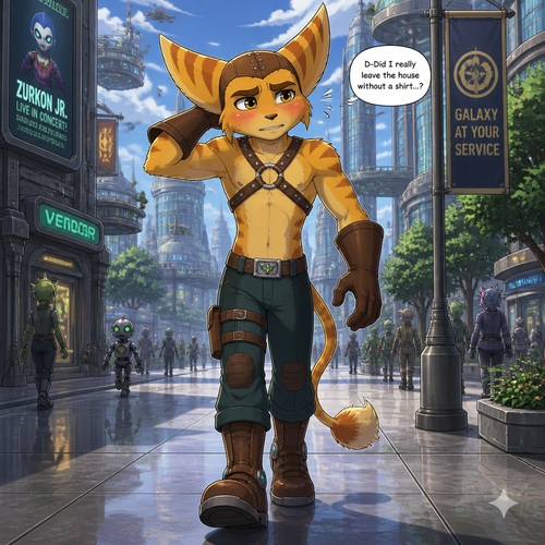 Ratchet wearing his normal clothes but instead of a shirt it’s instead a leather harness. He is blushing and acting embarrassed by forgetting to put on a shirt. He is walking around a city. Anime art style, full body.